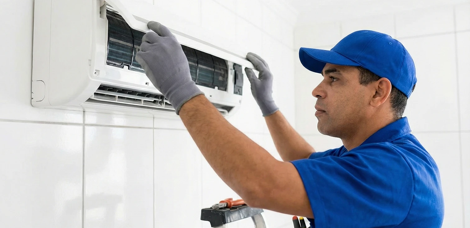 Técnico instalando ar condicionado